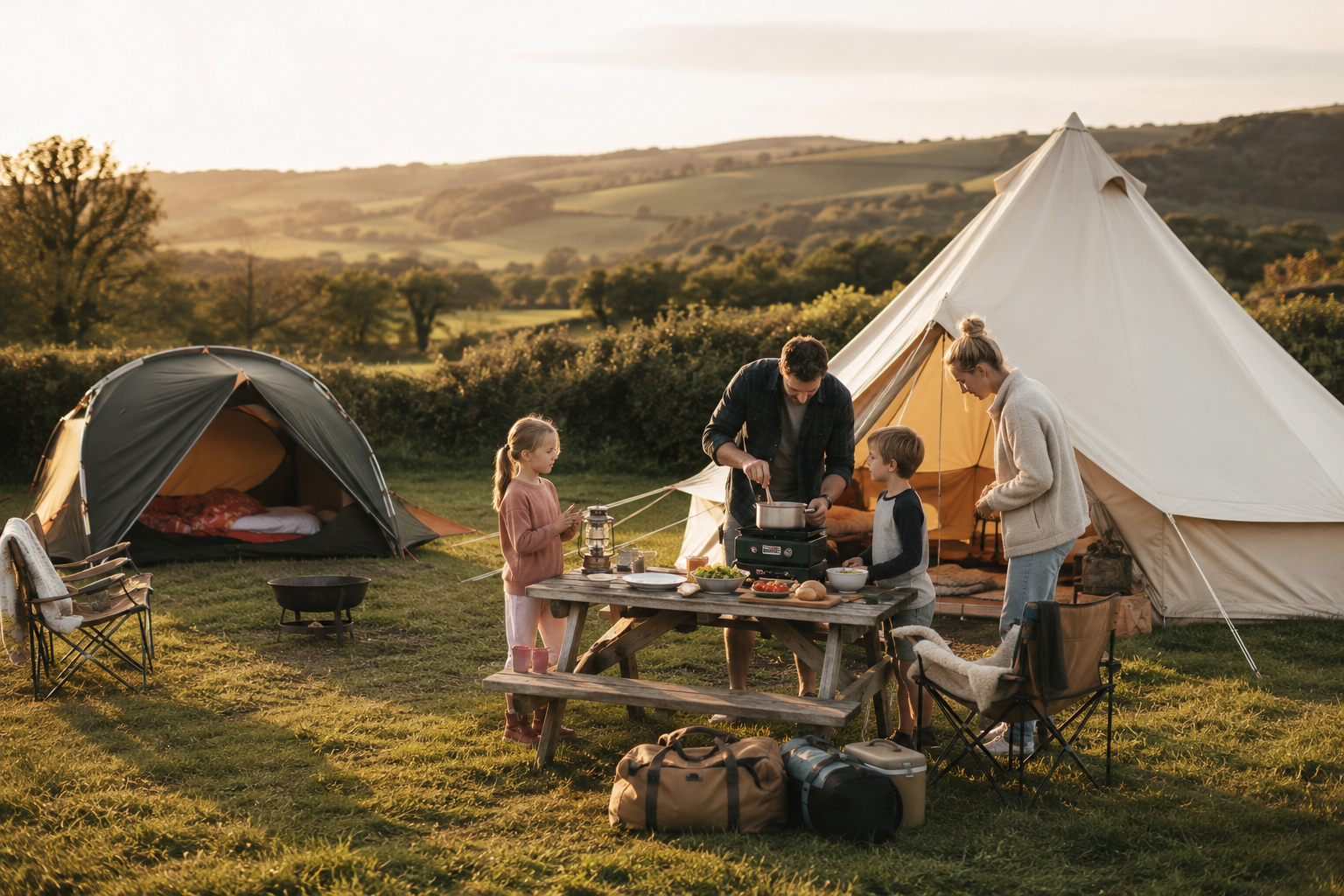 Family enjoying a relaxed evening at a British campsite